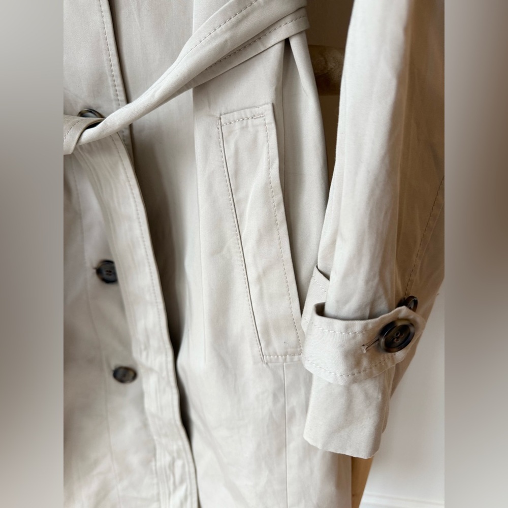 LOFT Ann Taylor Long Tan Khaki Belted Trench Coat Spring Preppy Casual L - Picture 11 of 15